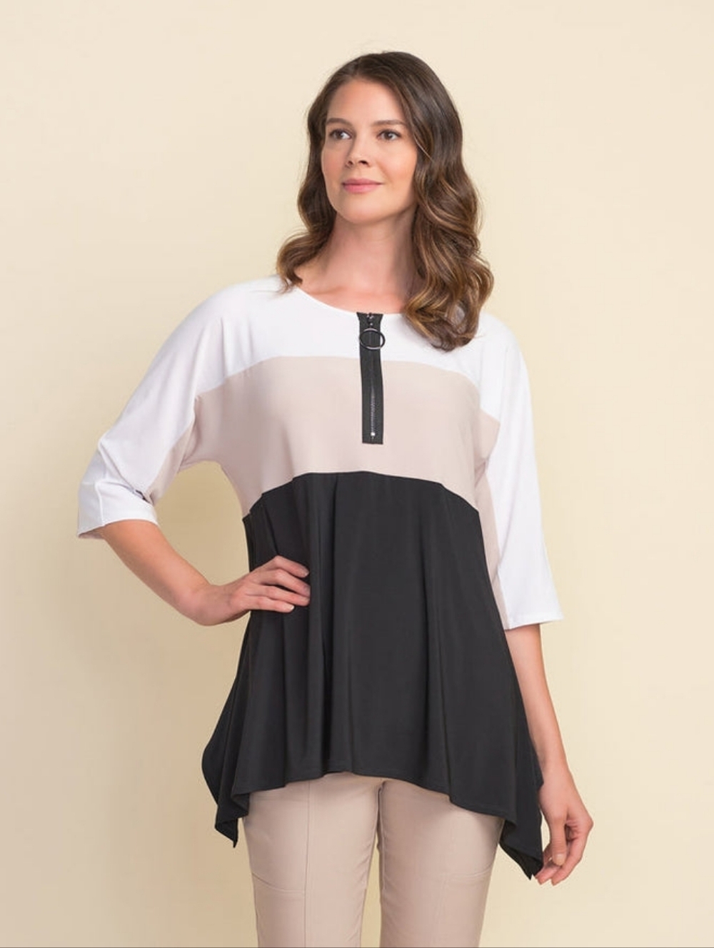 Joseph Ribkoff Colorblock Quarter Zip Silky Knit Tunic 14 Modern Contemporary